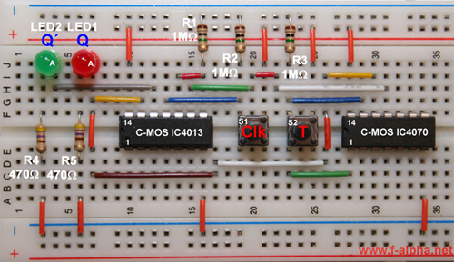 Figure 7. T Flip-Flop Breadboard Circuit Using CD4013 and CD4070.png